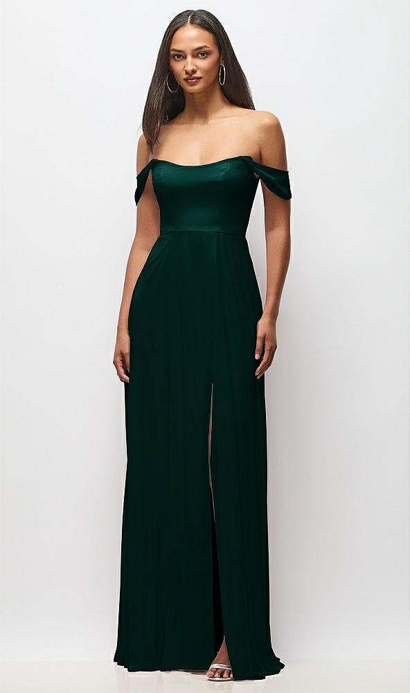 Front View - Evergreen Off-the-Shoulder Basque Neck Maxi Dress with Flounce Sleeves
