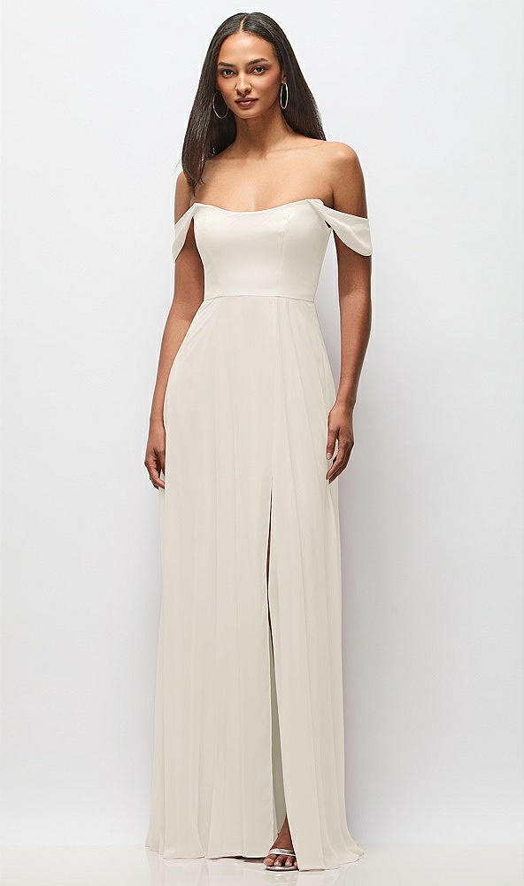Front View - Ivory Off-the-Shoulder Basque Neck Maxi Dress with Flounce Sleeves