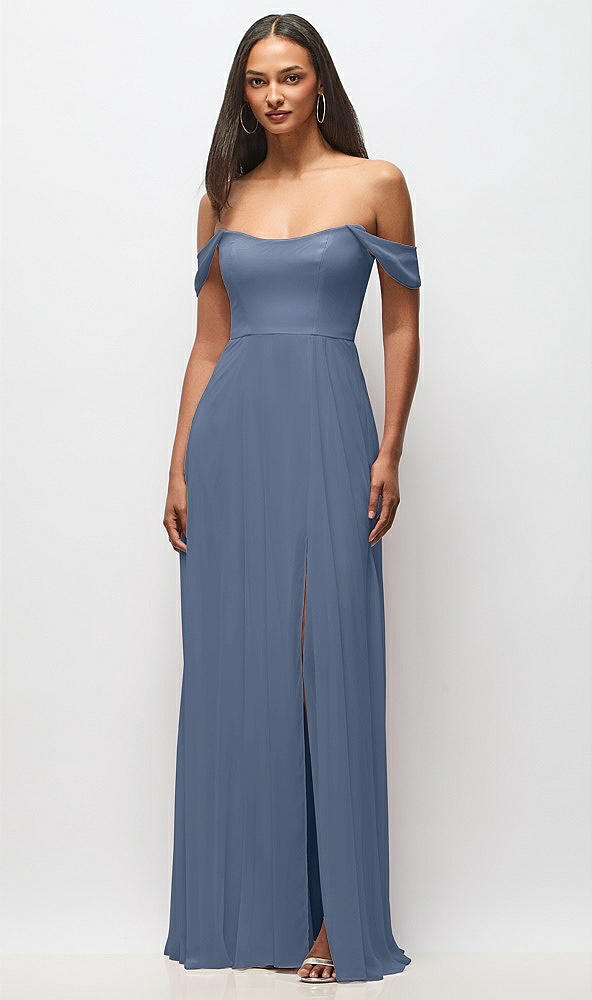 Front View - Larkspur Blue Off-the-Shoulder Basque Neck Maxi Dress with Flounce Sleeves