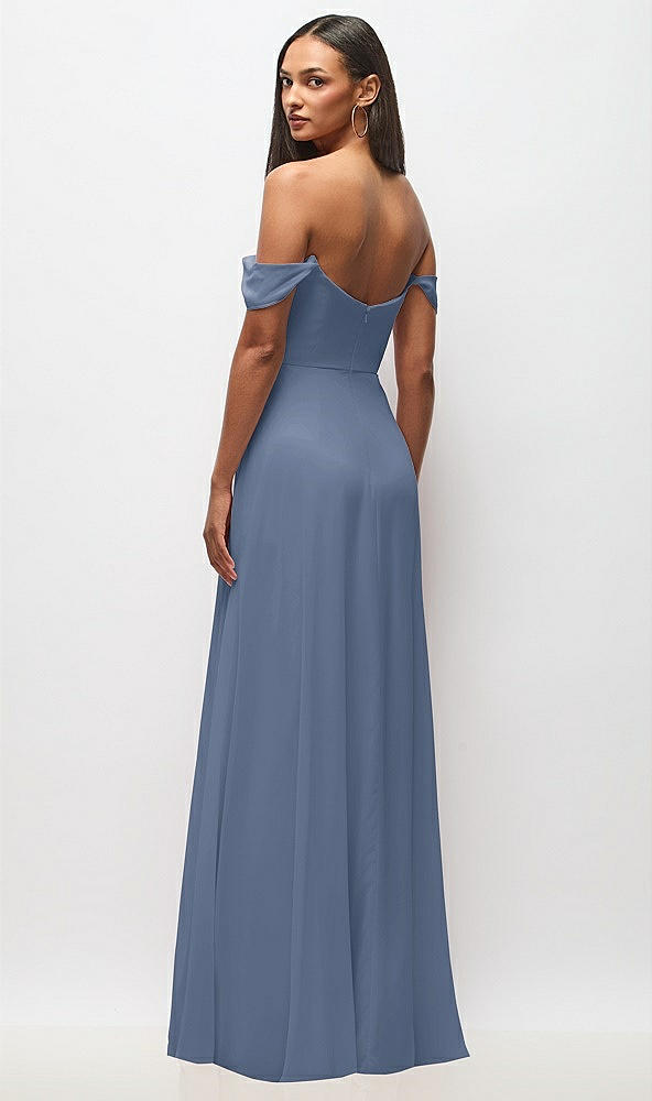 Back View - Larkspur Blue Off-the-Shoulder Basque Neck Maxi Dress with Flounce Sleeves