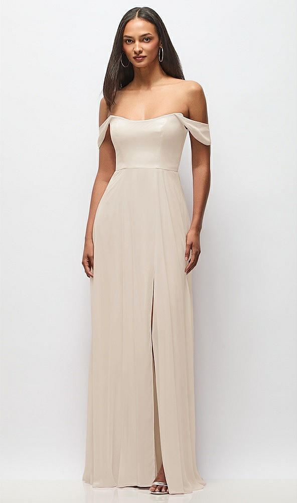 Front View - Oat Off-the-Shoulder Basque Neck Maxi Dress with Flounce Sleeves
