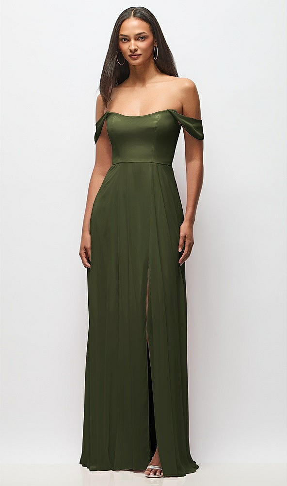 Front View - Olive Green Off-the-Shoulder Basque Neck Maxi Dress with Flounce Sleeves