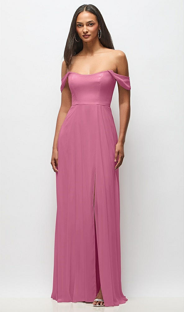Front View - Orchid Pink Off-the-Shoulder Basque Neck Maxi Dress with Flounce Sleeves