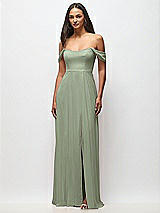 Front View Thumbnail - Sage Off-the-Shoulder Basque Neck Maxi Dress with Flounce Sleeves