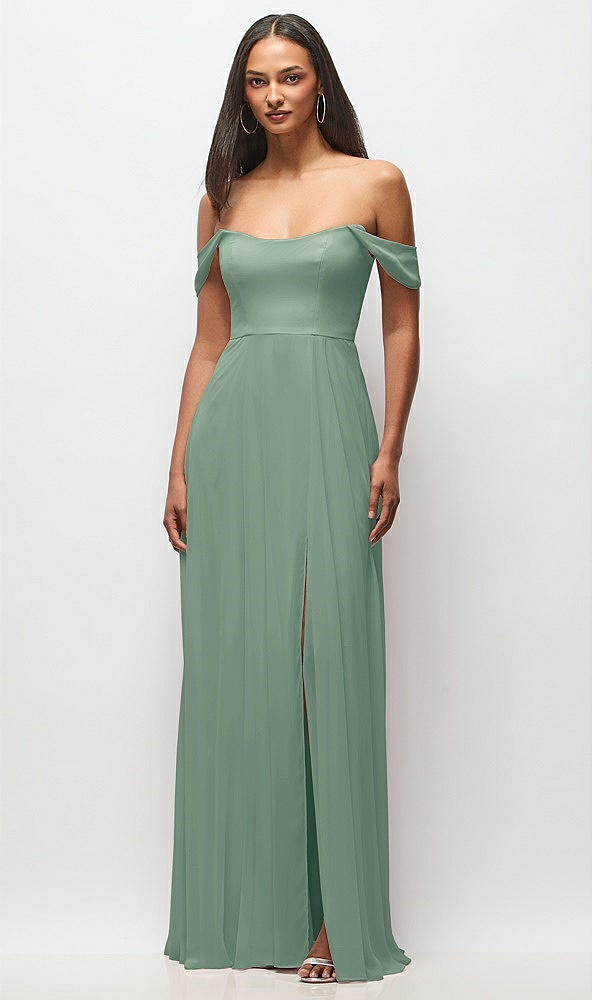 Front View - Seagrass Off-the-Shoulder Basque Neck Maxi Dress with Flounce Sleeves