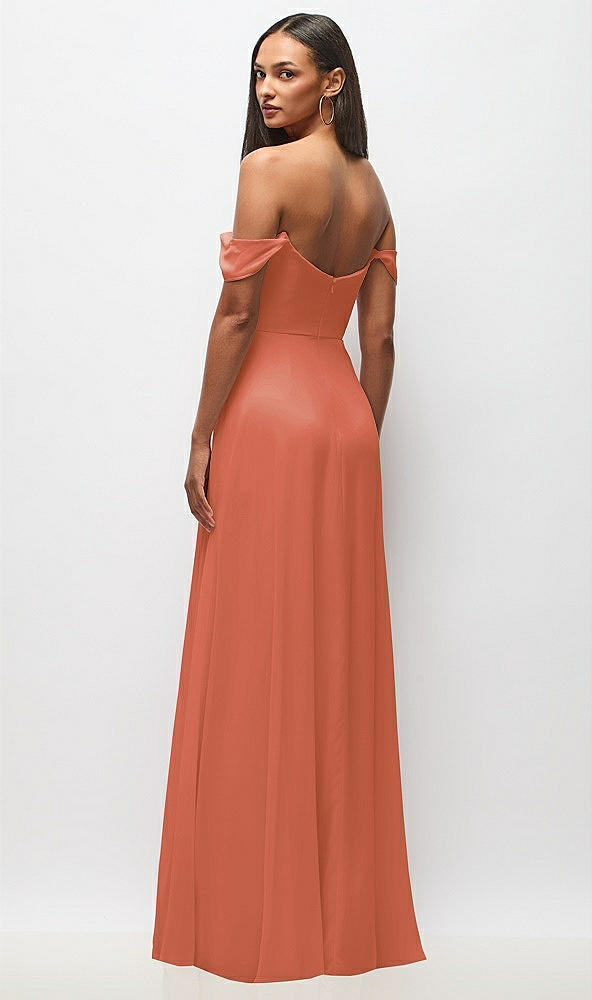 Back View - Terracotta Copper Off-the-Shoulder Basque Neck Maxi Dress with Flounce Sleeves