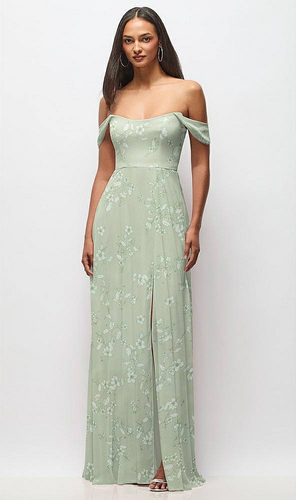 Front View - Vintage Primrose Sage Off-the-Shoulder Basque Neck Maxi Dress with Flounce Sleeves
