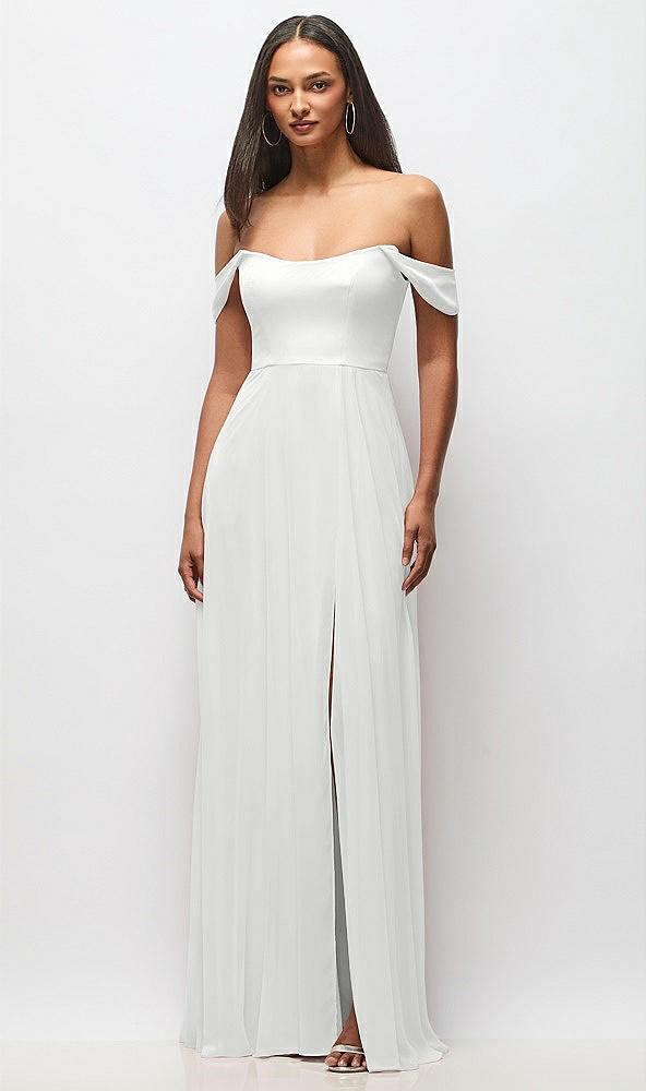 Front View - White Off-the-Shoulder Basque Neck Maxi Dress with Flounce Sleeves