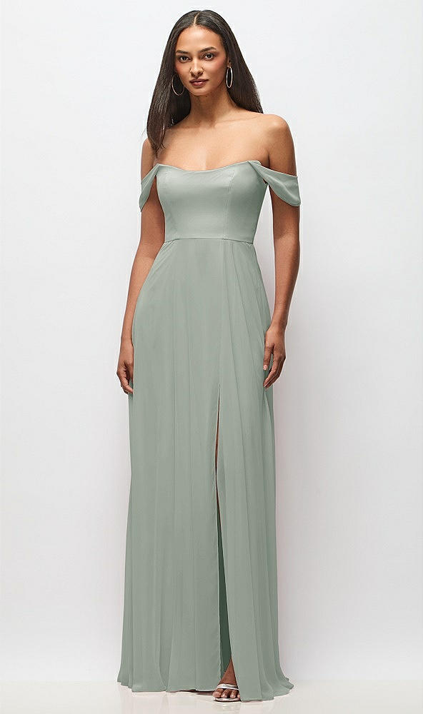 Front View - Willow Green Off-the-Shoulder Basque Neck Maxi Dress with Flounce Sleeves