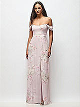 Front View Thumbnail - Watercolor Print Off-the-Shoulder Basque Neck Maxi Dress with Flounce Sleeves