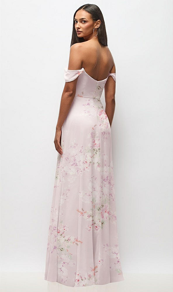 Back View - Watercolor Print Off-the-Shoulder Basque Neck Maxi Dress with Flounce Sleeves
