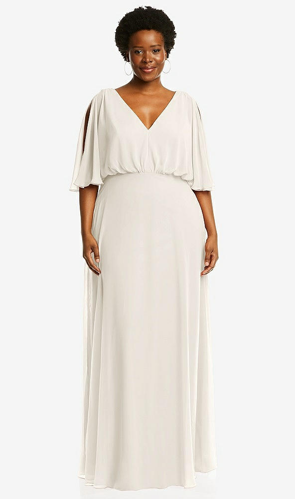 Front View - Ivory V-Neck Split Sleeve Blouson Bodice Maxi Dress