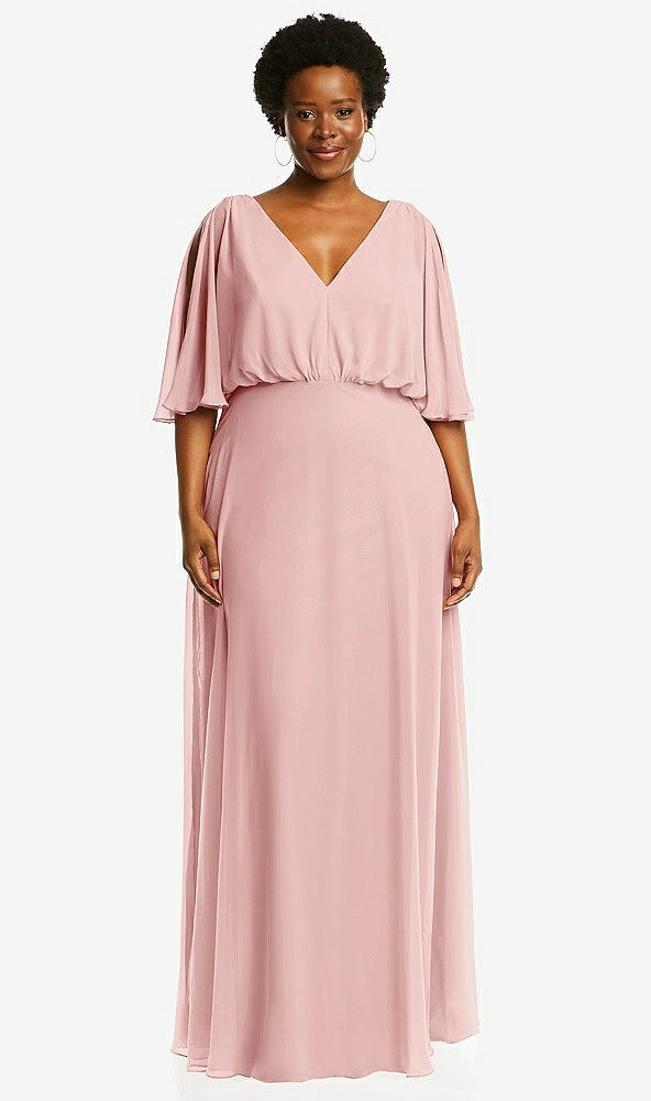 Front View - Rose V-Neck Split Sleeve Blouson Bodice Maxi Dress