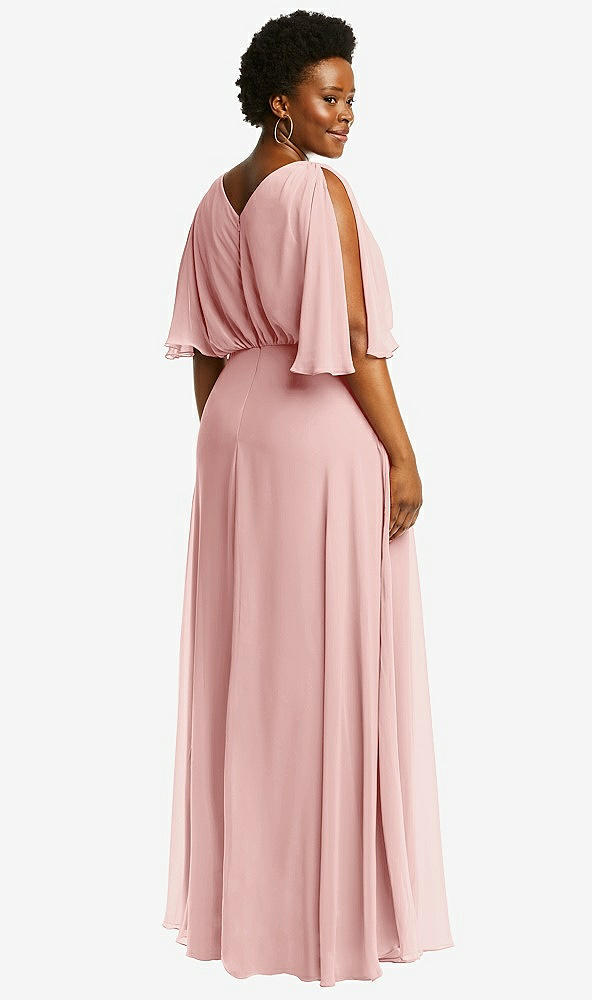 Back View - Rose V-Neck Split Sleeve Blouson Bodice Maxi Dress