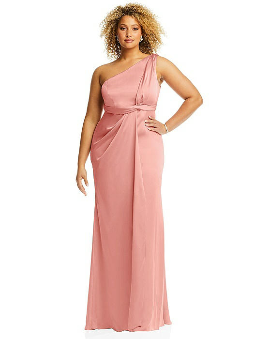 One-Shoulder Draped Twist Empire Waist Trumpet Gown