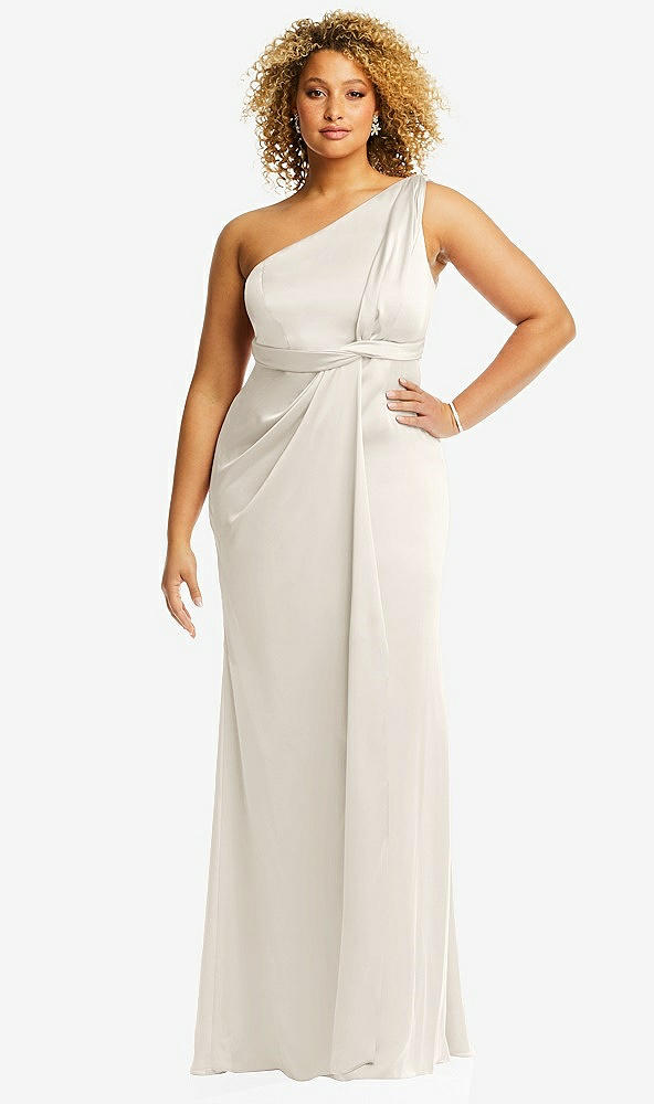 Front View - Ivory One-Shoulder Draped Twist Empire Waist Trumpet Gown
