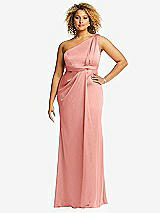 Front View Thumbnail - Rose One-Shoulder Draped Twist Empire Waist Trumpet Gown
