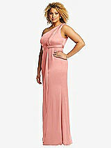 Side View Thumbnail - Rose One-Shoulder Draped Twist Empire Waist Trumpet Gown