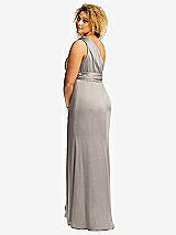 Rear View Thumbnail - Taupe One-Shoulder Draped Twist Empire Waist Trumpet Gown