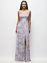 Front View Thumbnail - Butterfly Botanica Silver Dove Contoured Wide Strap Sweetheart Maxi Dress