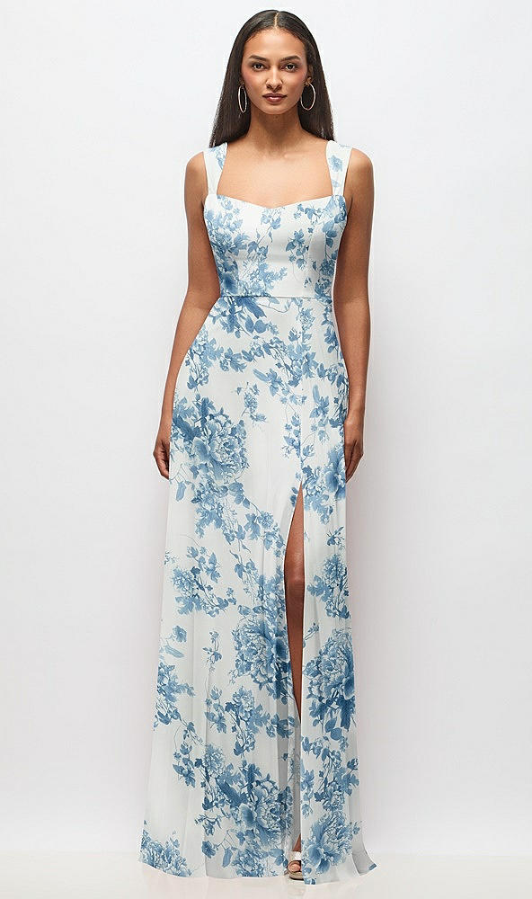 Front View - Cottage Rose Dusk Blue Contoured Wide Strap Sweetheart Maxi Dress