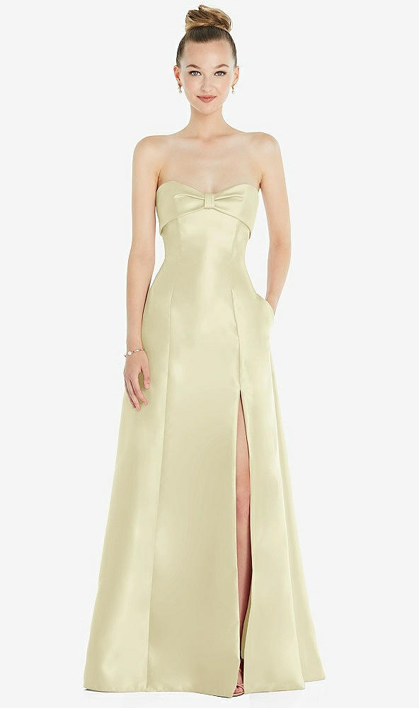 Front View - Butter Yellow Bow Cuff Strapless Satin Ball Gown with Pockets