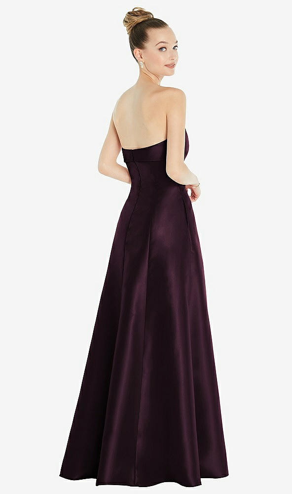 Back View - Deep Plum Bow Cuff Strapless Satin Ball Gown with Pockets