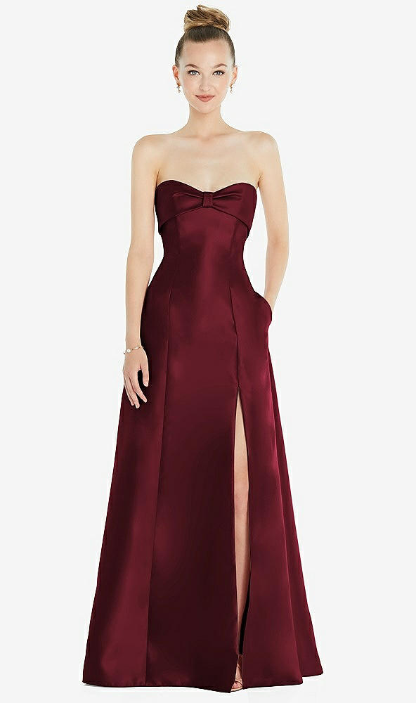 Front View - Cabernet Bow Cuff Strapless Satin Ball Gown with Pockets