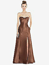 Front View Thumbnail - Cognac Bow Cuff Strapless Satin Ball Gown with Pockets