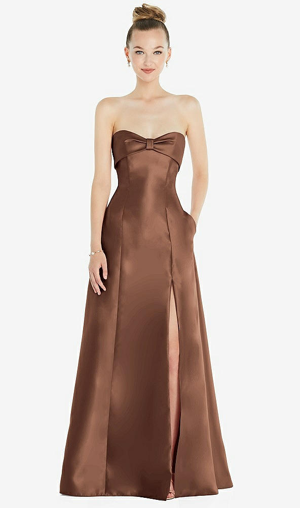 Front View - Cognac Bow Cuff Strapless Satin Ball Gown with Pockets