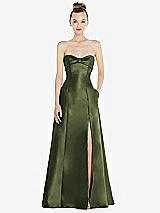 Front View Thumbnail - Olive Green Bow Cuff Strapless Satin Ball Gown with Pockets