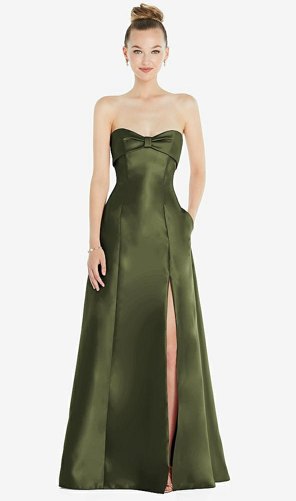 Front View - Olive Green Bow Cuff Strapless Satin Ball Gown with Pockets
