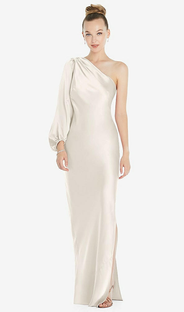 Front View - Ivory One-Shoulder Puff Sleeve Maxi Bias Dress with Side Slit