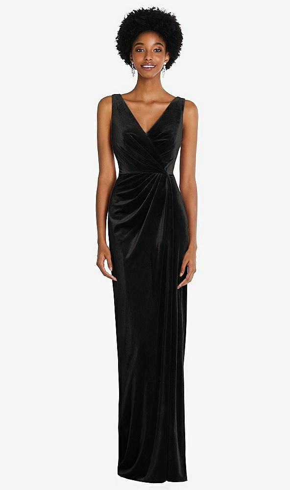 Front View - Black Draped Skirt Faux Wrap Velvet Maxi Dress