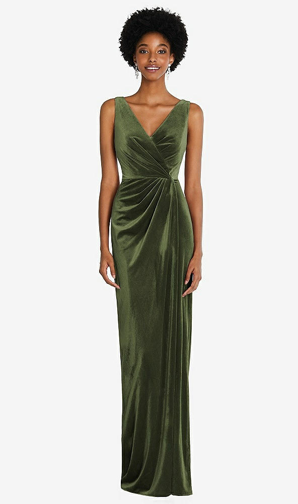 Front View - Olive Green Draped Skirt Faux Wrap Velvet Maxi Dress