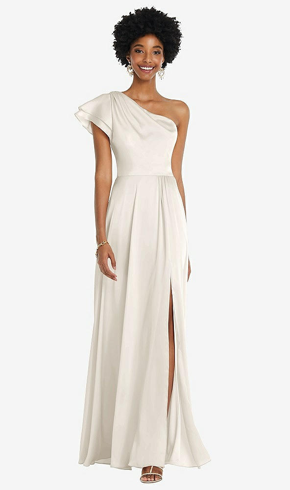 Front View - Ivory Draped One-Shoulder Flutter Sleeve Maxi Dress with Front Slit