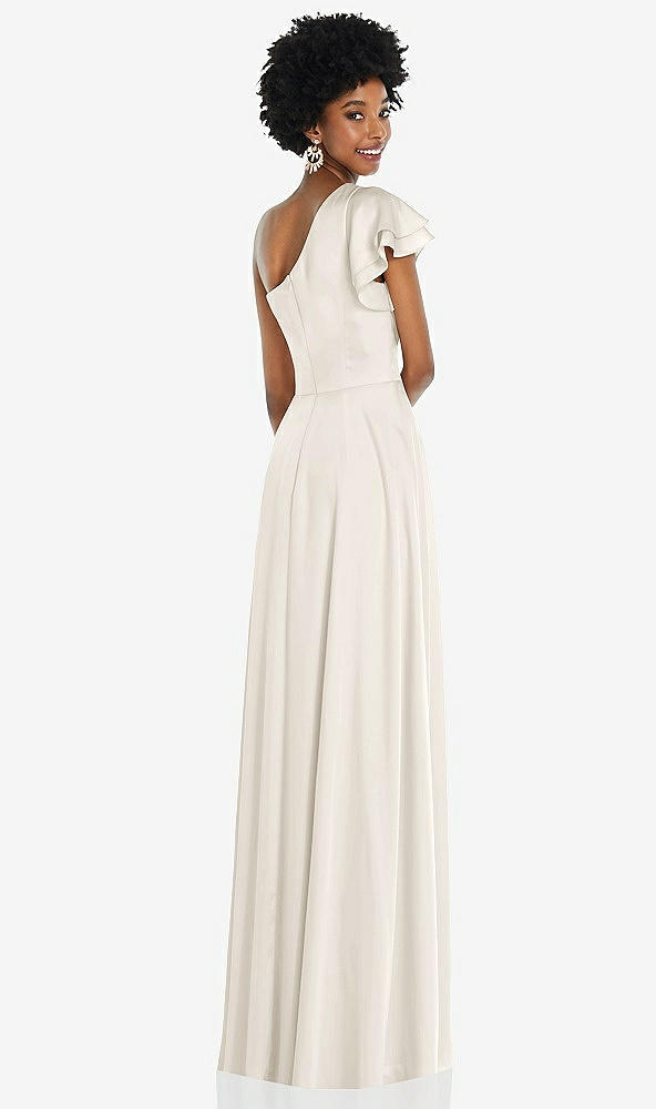 Back View - Ivory Draped One-Shoulder Flutter Sleeve Maxi Dress with Front Slit
