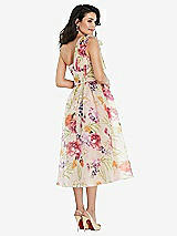 Rear View Thumbnail - Penelope Floral Print Scarf-Tie One-Shoulder Pink Floral Organdy Midi Dress