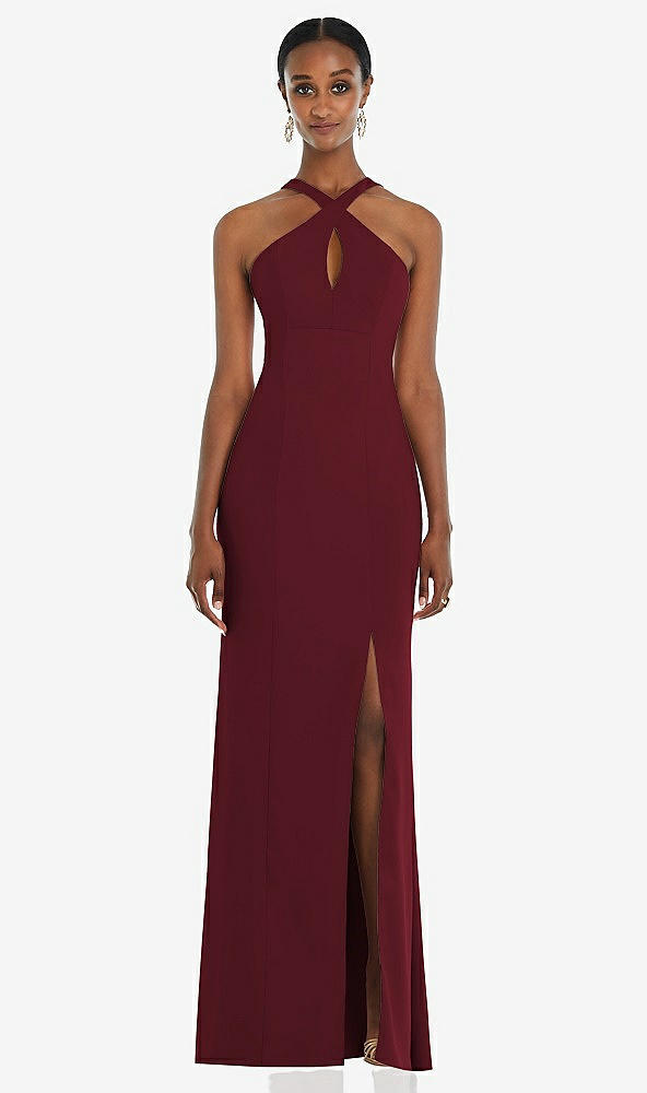 Front View - Cabernet Criss Cross Halter Princess Line Trumpet Gown