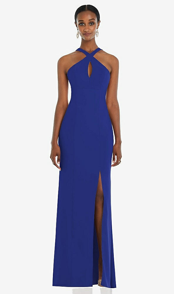 Front View - Cobalt Blue Criss Cross Halter Princess Line Trumpet Gown
