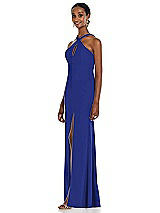 Side View Thumbnail - Cobalt Blue Criss Cross Halter Princess Line Trumpet Gown