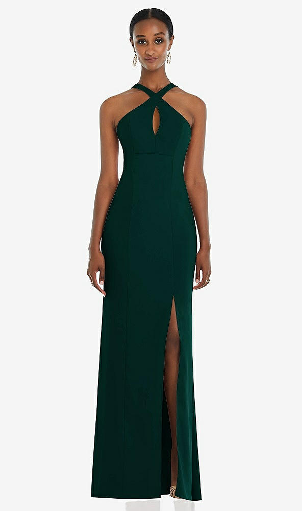 Front View - Evergreen Criss Cross Halter Princess Line Trumpet Gown