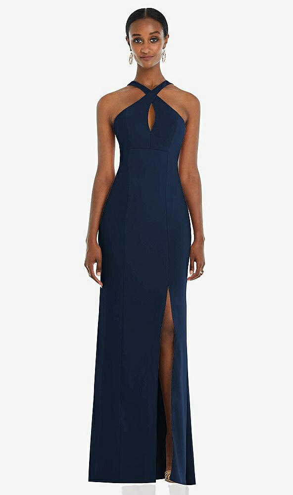 Front View - Midnight Navy Criss Cross Halter Princess Line Trumpet Gown