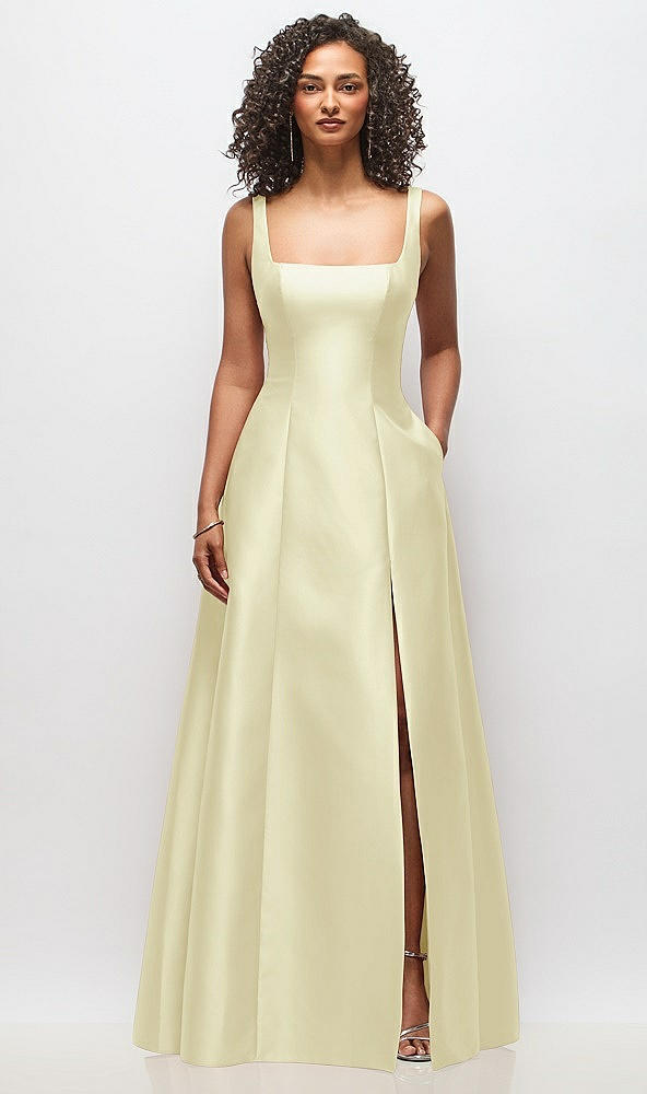 Front View - Butter Yellow Sleeveless Square-Neck Princess Line Gown with Pockets