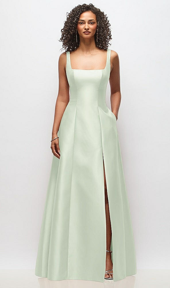 Front View - Mint Green Sleeveless Square-Neck Princess Line Gown with Pockets