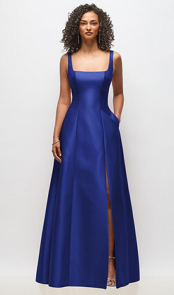 Front View - Cobalt Blue Sleeveless Square-Neck Princess Line Gown with Pockets