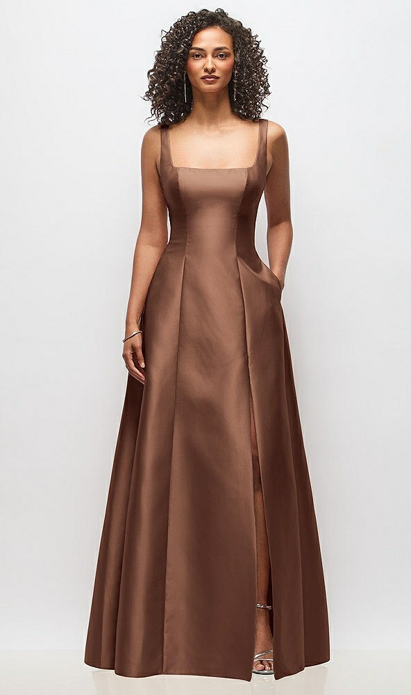 Front View - Cognac Sleeveless Square-Neck Princess Line Gown with Pockets