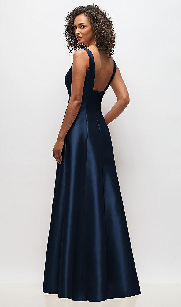 Back View - Midnight Navy Sleeveless Square-Neck Princess Line Gown with Pockets