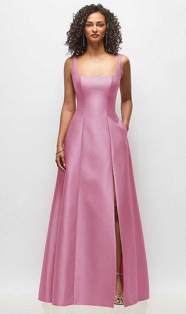 Front View - Powder Pink Sleeveless Square-Neck Princess Line Gown with Pockets