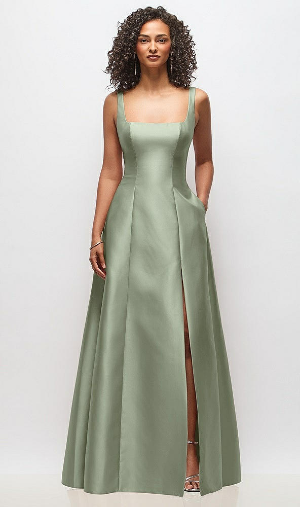 Front View - Sage Sleeveless Square-Neck Princess Line Gown with Pockets